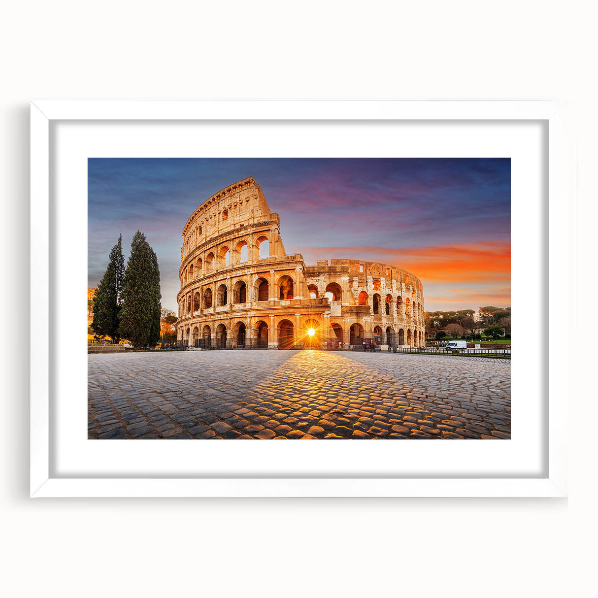 Abstract art print of ancient ruins in muted earth tones on a white framed canvas, ideal for dining room decor.