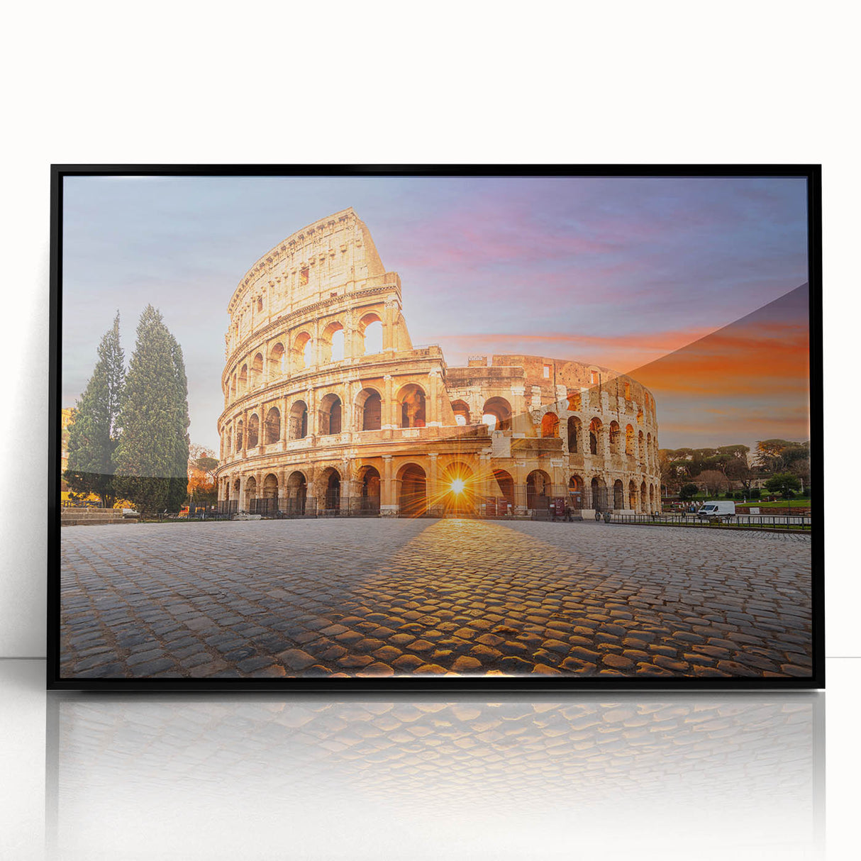 Large abstract wall art depicting ancient ruins in muted earth tones, framed in black acrylic.