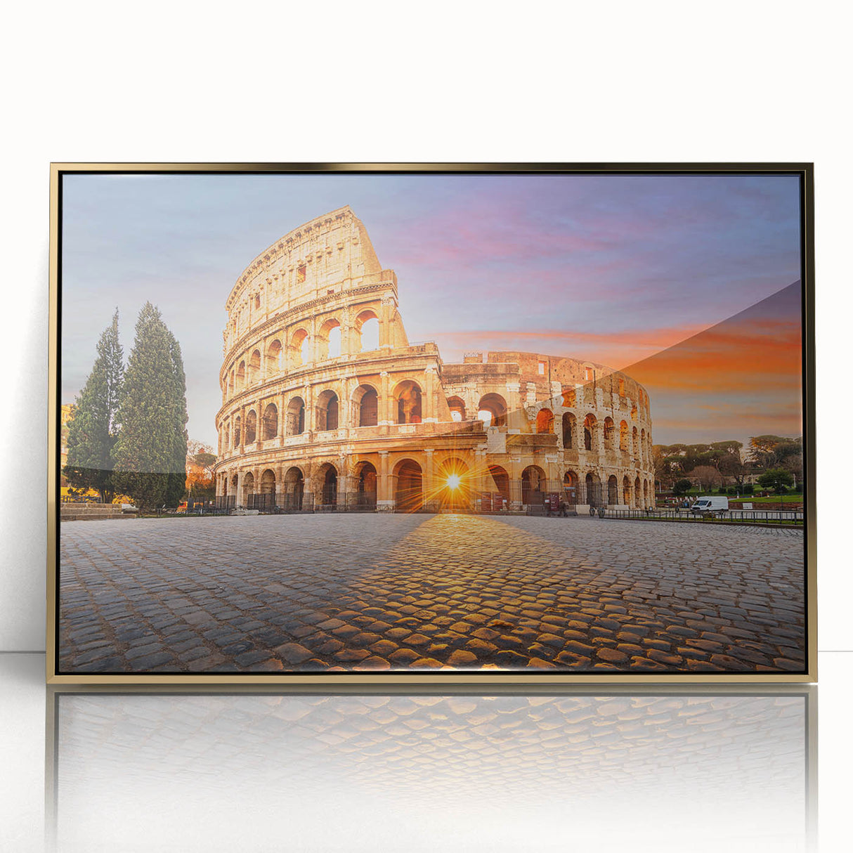 Framed acrylic print of ancient ruins in gold tones, ideal for modern art wall decor or a nursery.