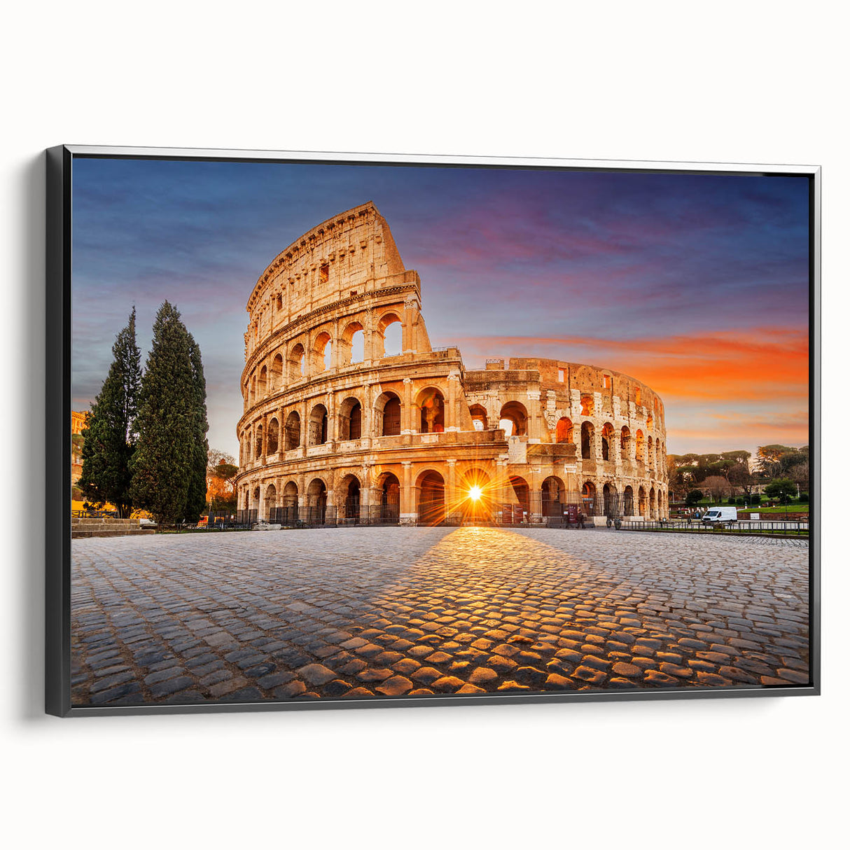 Black and white framed canvas of ancient ruins landscape, ideal for bedroom wall art.