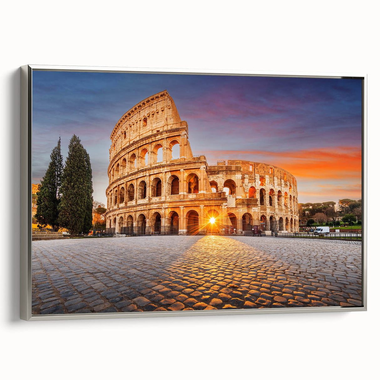 Framed canvas of ancient ruins in a landscape, with muted earth tones, ideal for adding a vintage touch to any room.