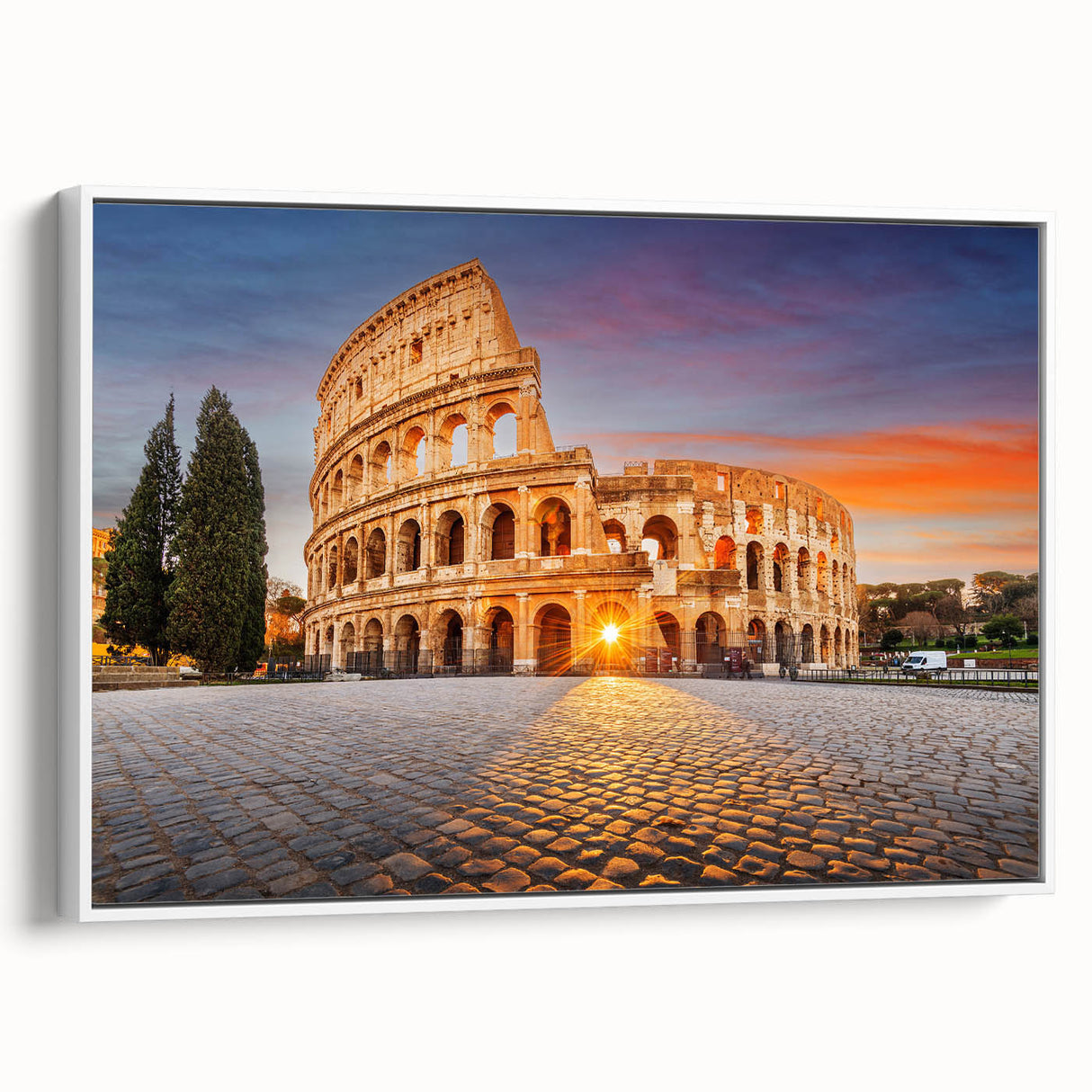 Framed canvas of vintage poster art featuring ancient ruins in earth tones, ideal for living room decor.