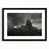 Extra large abstract art print of colorful, textured ancient ruins on a black framed canvas, ideal for living room decor.