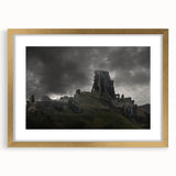 Abstract art print of ancient ruins in muted earth tones, framed in gold, ideal for dining room decor.