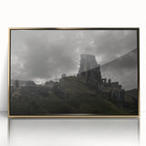 Acrylic print of ancient ruins in gold frame, using mid-century modernist style, ideal for modern art wall decor.