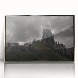 Mid-century modernist art depicting ancient ruins in muted earth tones, framed in silver acrylic.