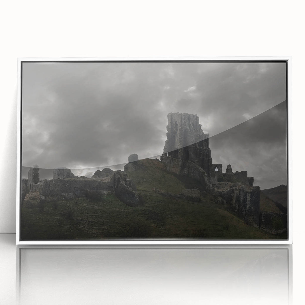 Art deco poster of ancient ruins in muted earth tones, framed in white acrylic, suitable for modern nursery decor.