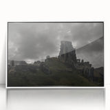 Art deco poster of ancient ruins in muted earth tones, framed in white acrylic, suitable for modern nursery decor.
