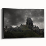 Black and white framed canvas of ancient ruins landscape, ideal for bedroom wall decor.