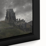 Close-up of extra large framed canvas featuring black and colorful textured art of ancient ruins.