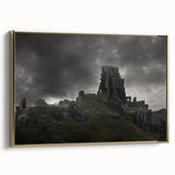 Framed canvas depicting ancient ruins in a landscape, with muted earth tones, ideal for bedroom wall art.