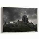 Framed canvas depicting ancient ruins in a landscape, with a muted color palette.