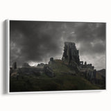 Vintage poster art of ancient ruins in muted earth tones on a framed canvas, ideal for living room decor.