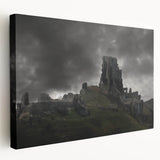 Ancient ruins depicted in a realistic style on a large stretched canvas, using earthy tones, suitable for kitchen wall decor.