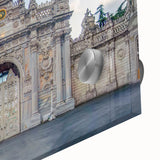 Mid-century modernist acrylic print of abstract ancient ruins in muted earth tones, ideal for dining room art.