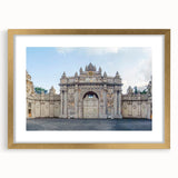 Extra large abstract art print of ancient ruins in textured style on gold-framed canvas, ideal for living room decor.