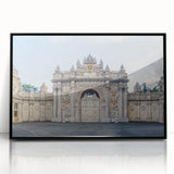 Large abstract wall art depicting ancient ruins in muted earth tones, framed in black acrylic.