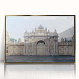 Framed acrylic print of ancient ruins in gold, ideal for modern art wall decor or a mid-century modernist setting.