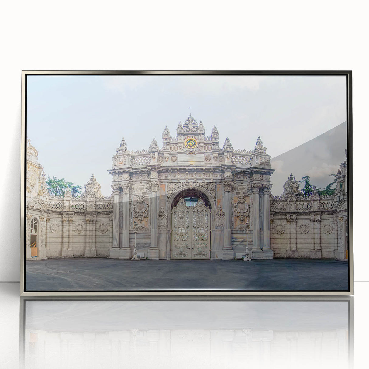 Mid-century modernist acrylic print of ancient ruins in silver frame, suited for nursery or modern decor.