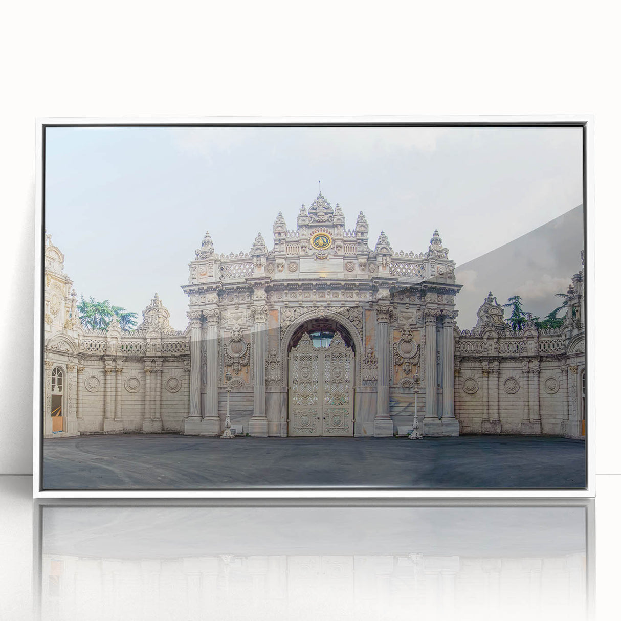 Art Deco poster of ancient ruins in muted beige and white tones on framed acrylic, ideal for modern art wall decor.