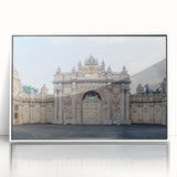 Art Deco poster of ancient ruins in muted beige and white tones on framed acrylic, ideal for modern art wall decor.