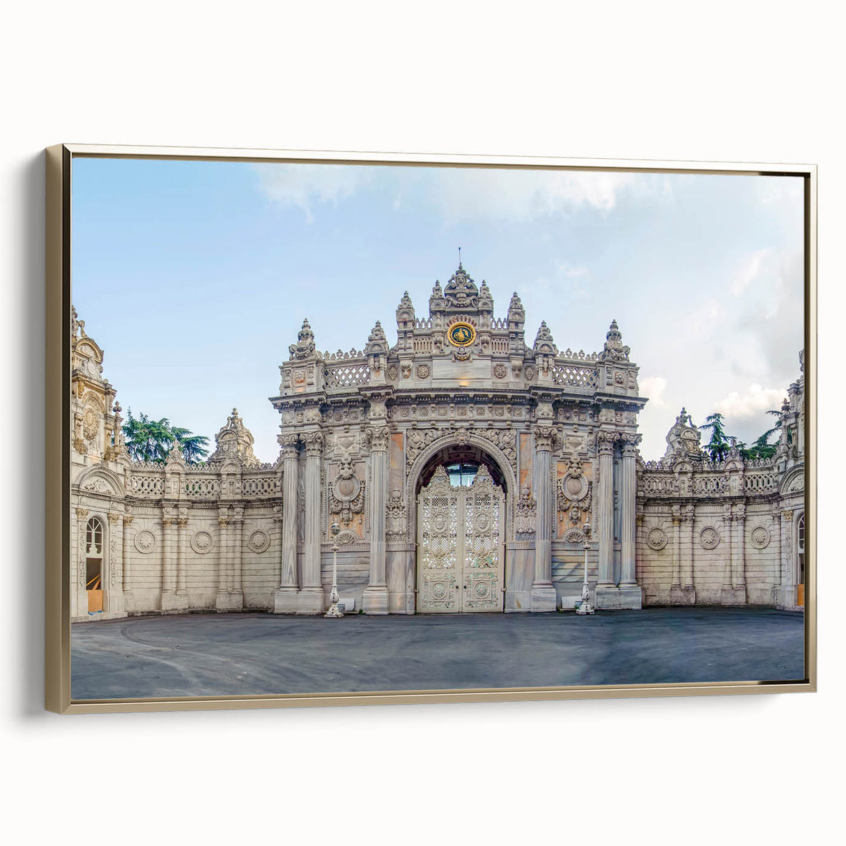 Framed canvas of ancient ruins in black and gold, ideal for bedroom wall art with a vintage poster style.