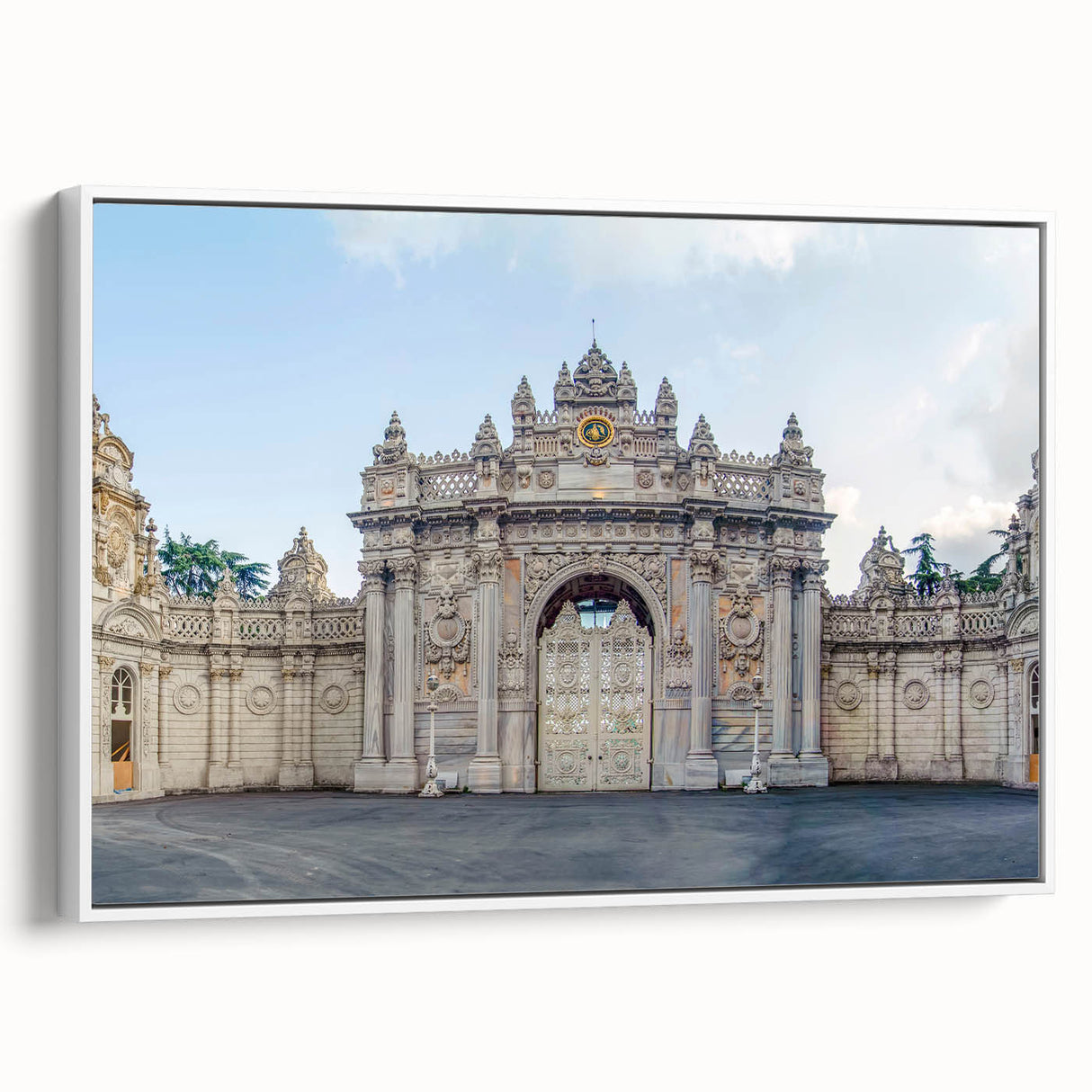 Vintage poster art of ancient ruins in vibrant colors on a large framed canvas, ideal for living room decor.