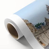 Art deco poster of ancient ruins in muted beige and brown tones on rolled canvas.