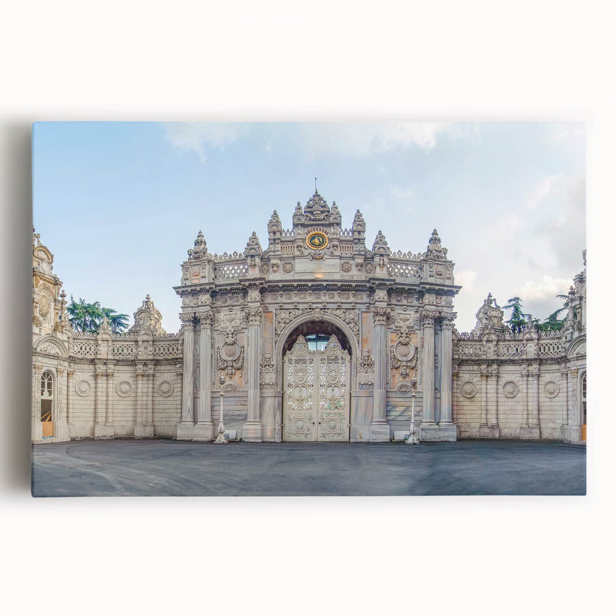 Black and white photo of ancient ruins on stretched canvas, suited for large kitchen wall art.