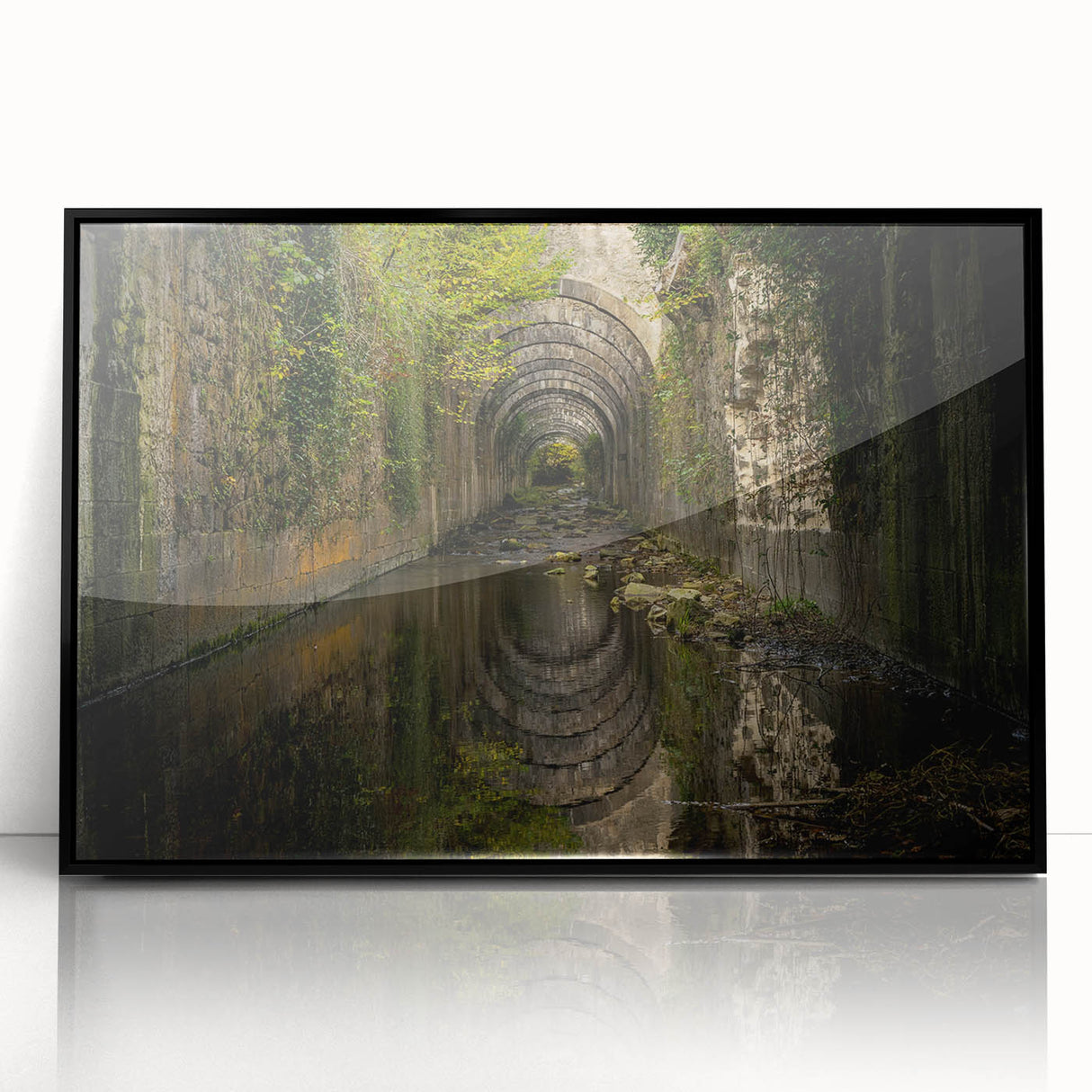 Large abstract wall art featuring mid-century modernist ancient ruins in muted earth tones.