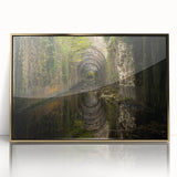 Mid-century modernist large art print depicting ancient ruins in muted gold and brown tones on framed acrylic.