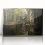 Mid-century modernist art of ancient ruins in muted colors on a framed acrylic, suitable for modern art wall decor.