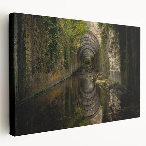 Side view of a stretched canvas featuring ancient ruins architecture in earthy tones, suitable for kitchen wall art.