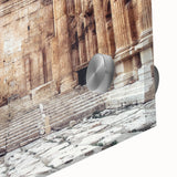 Mid-century modernist acrylic print of ancient ruins in muted earth tones, ideal for dining room art.