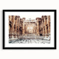 Extra large abstract art print of colorful ancient ruins on textured canvas, framed in black, suitable for living room decor.