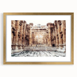 Extra large wall art featuring textured abstract art prints of ancient ruins in muted earth tones, framed in gold.