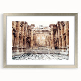 Textured art print of ancient ruins in muted earth tones on a framed canvas, suitable for bedroom decor.