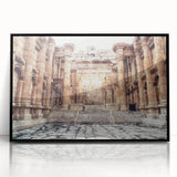 Large abstract wall art of ancient ruins in muted earth tones, acrylic print in a black frame, suitable for modern decor.