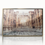 Mid-century modernist acrylic print of ancient ruins in gold frame, suited for modern art wall decor.