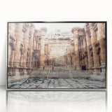 Mid-century modernist art depicting ancient ruins, in muted earth tones on a framed acrylic print.
