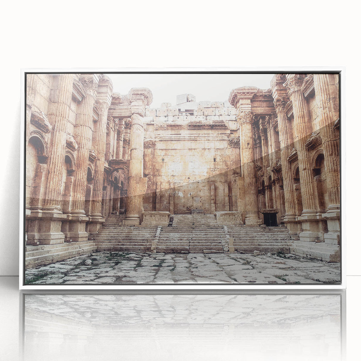 Art deco poster of ancient ruins in muted earth tones, framed acrylic, ideal for modern art wall decor.