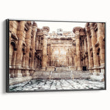Black and white wall art of ancient ruins on framed canvas, ideal for bedroom decor.