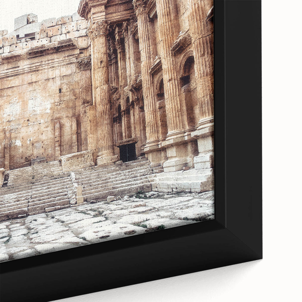 Extra large framed canvas featuring a black and colorful textured depiction of ancient ruins, ideal for living room decor.