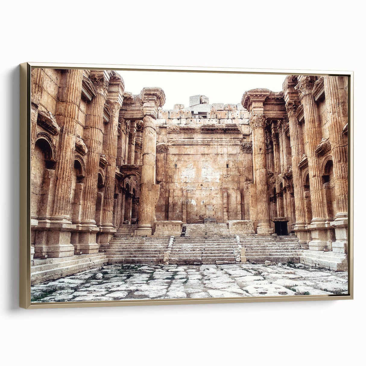 Framed canvas of vintage landscape art depicting ancient ruins in black and gold, ideal for bedroom wall decor.