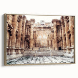 Framed canvas of vintage landscape art depicting ancient ruins in black and gold, ideal for bedroom wall decor.