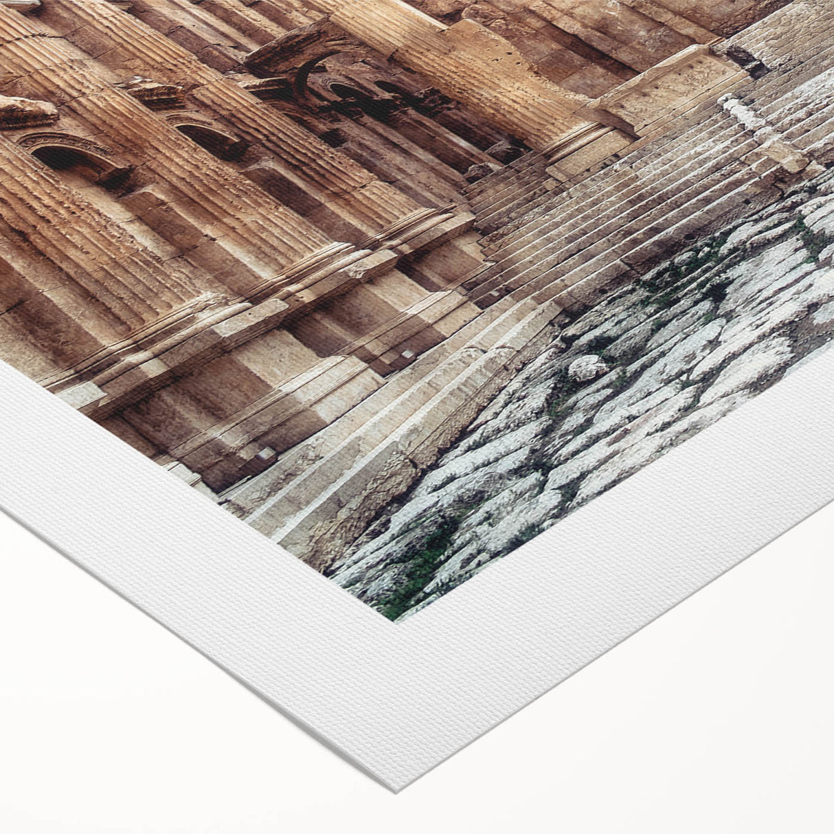 Art deco poster depicting ancient ruins in muted earth tones on rolled canvas, suitable for dining room or bathroom wall art.