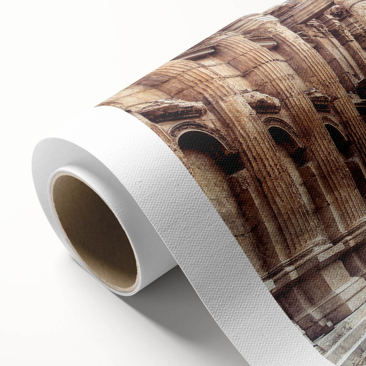 Art deco poster of ancient ruins in muted earth tones, rolled canvas, ideal for nursery wall art.