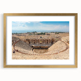Extra large abstract art print of ancient ruins in textured gold frame, ideal for living room decor.