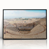 Large abstract wall art depicting ancient ruins in muted earth tones on a framed acrylic, suitable for a modern living room.