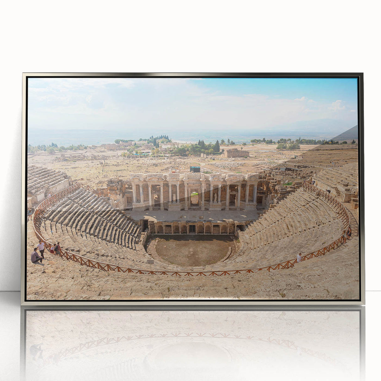 Mid-century modernist art depicting ancient ruins in muted earth tones on a framed acrylic print.